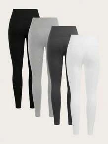 SHEIN EZwear 多色女式字母印花休闲百搭修身打底裤 - 灰色 - 查看 2