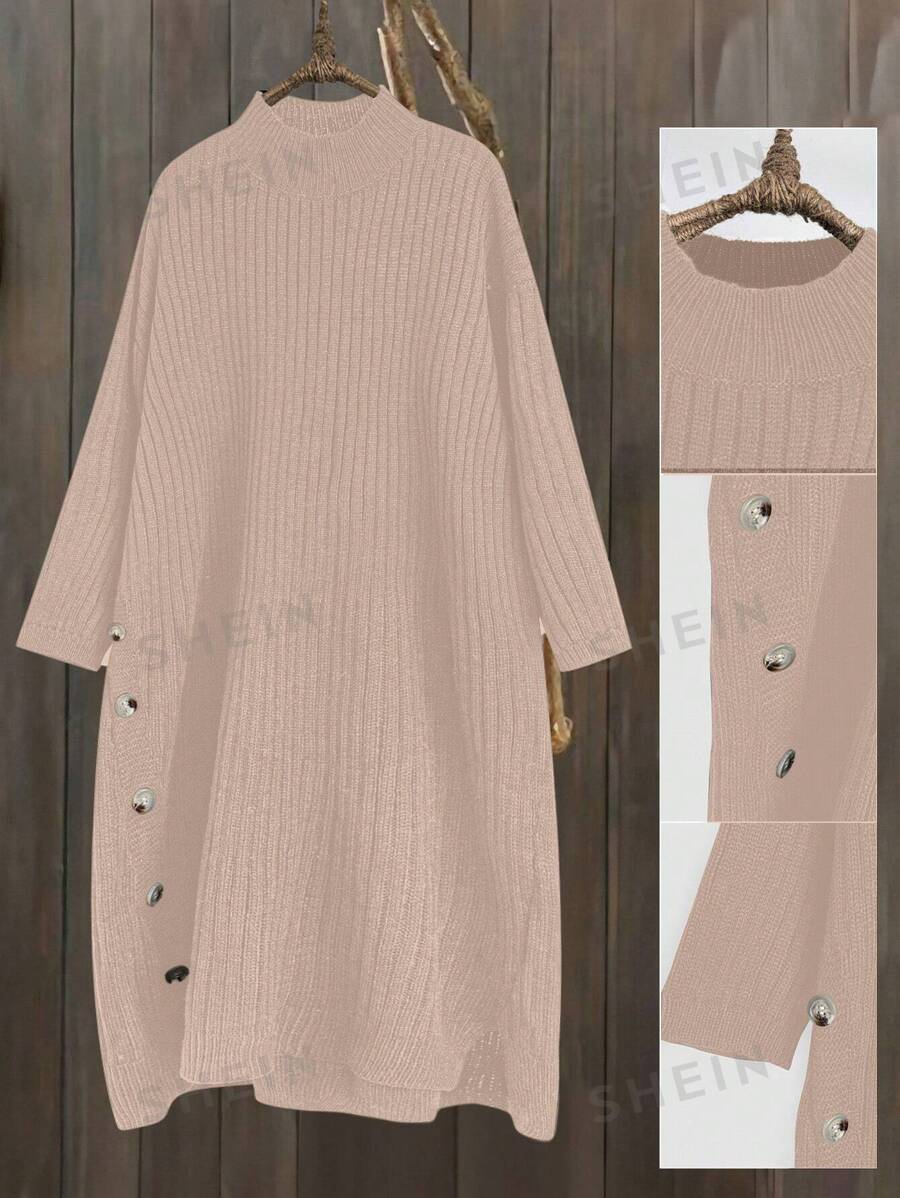 Vestido de suéter de talla grande, unicolor, hombros caídos, informal, para otoño/invierno