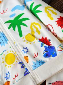 SHEIN 2 件套年轻女孩卡通创意图案柔软连帽拉链夹克 + 休闲裤套装，适合儿童春秋季户外运动和玩耍 - 杏色 - 查看 4