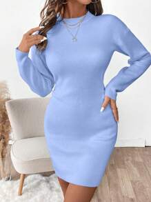 SHEIN Clasi Đầm len dài tay cổ tròn màu trơn tối giản thanh lịch cho công sở - Màu xanh nhạt - Xem 3