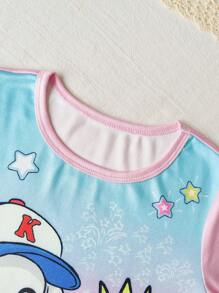 SHEIN 年轻女孩休闲可爱卡通设计圆领长袖和裤子紧身套装，适合家庭聚会和拍照 - 粉色 - 查看 6