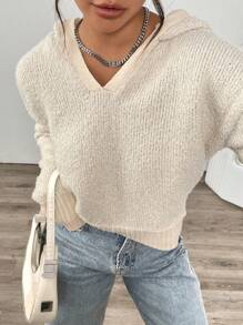 Flirla Women Casual V-Neck Loose Soft Fuzzy Fabric Sweater, Simple & Versatile, Apricot Color Knit Pullover Fall Winter - Mocha Brown - View 5