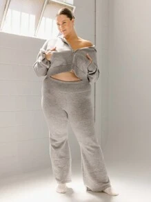 Aralina Pantalones de punto de pierna ancha con cintura plegable en talla grande, color gris jaspeado, para invierno