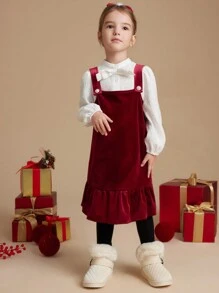 PrepCrw Bộ 2 món áo cánh dệt cổ bẻ phong cách đại học cho bé gái, cổ nơ và váy, mùa thu/đông, thích hợp cho Giáng sinh - Đỏ - Xem 4