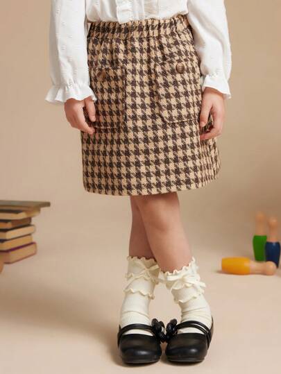 PrepCrw 年轻女孩秋冬学院风米色格纹编织褶皱口袋迷你裙