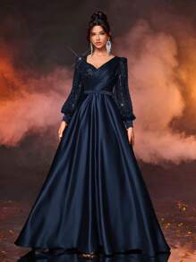 Glamrae 优雅透视长袖亮片拼布缎面连衣裙，配有可拆卸腰带，适合婚礼、派对、度假、毕业典礼、舞会、新娘母亲、婚礼宾客礼服、正式礼服、晚礼服、长袍 - 藏蓝色 - 查看 6