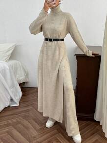 EURMUSE Women Solid Color Rib Knit Turtleneck Slit Detailed Long Sweater Dress & Sweater Pants Set - Beige - View 2