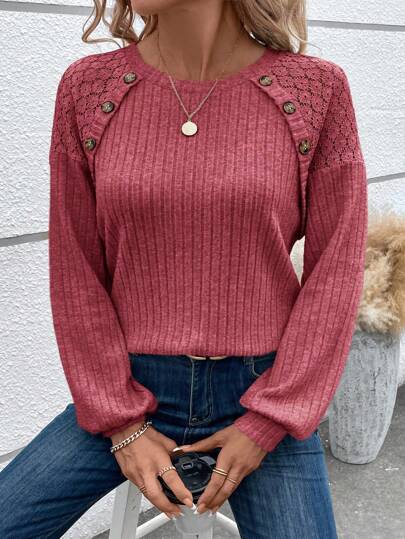 SHEIN LUNE Plus Size Kvinnor Vanlig rundhalsad Långärmad Button Casual Blus, dagligt slitage