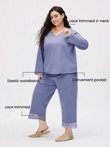 LUVLETTE Bộ đồ ngủ ren cổ chữ V bằng cotton mềm mại và quần dài - Màu xanh bụi bặm - Xem 4