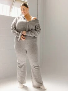 Aralina Pantalones de punto de pierna ancha con cintura plegable en talla grande, color gris jaspeado, para invierno