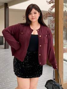 Dazy Plus Plus Size Front Button Crew Neck Fitted Burgundy Cardigan Fall,Winter - Burgundy - View 3