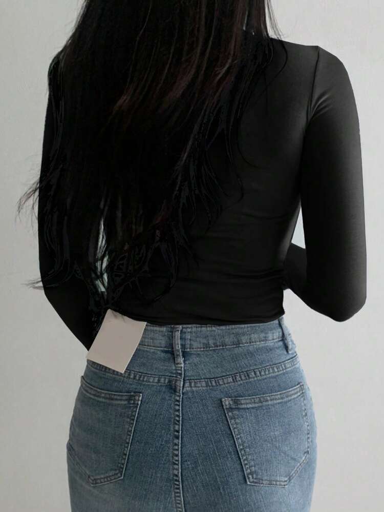 Women High Neck Long Sleeve T-Shirt, Black, Spring/Summer/Autumn,Fall Women Clothes