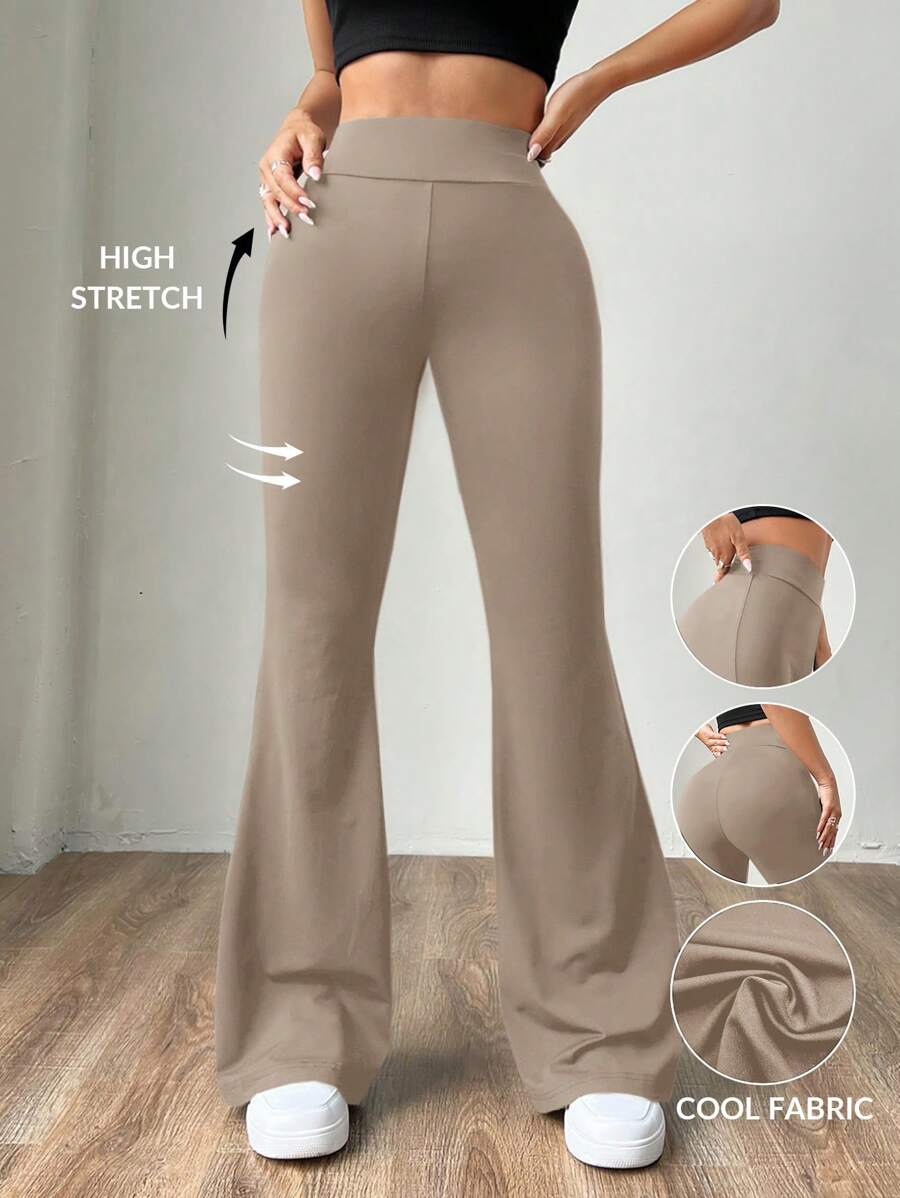 SHEIN EZwear 米色针织女式紧身喇叭裤 - 卡其色 - 查看 1