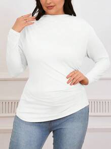 SHEIN Frenchy Plus Size Mock Neck Ruched Slim Fit Tee - White - View 3