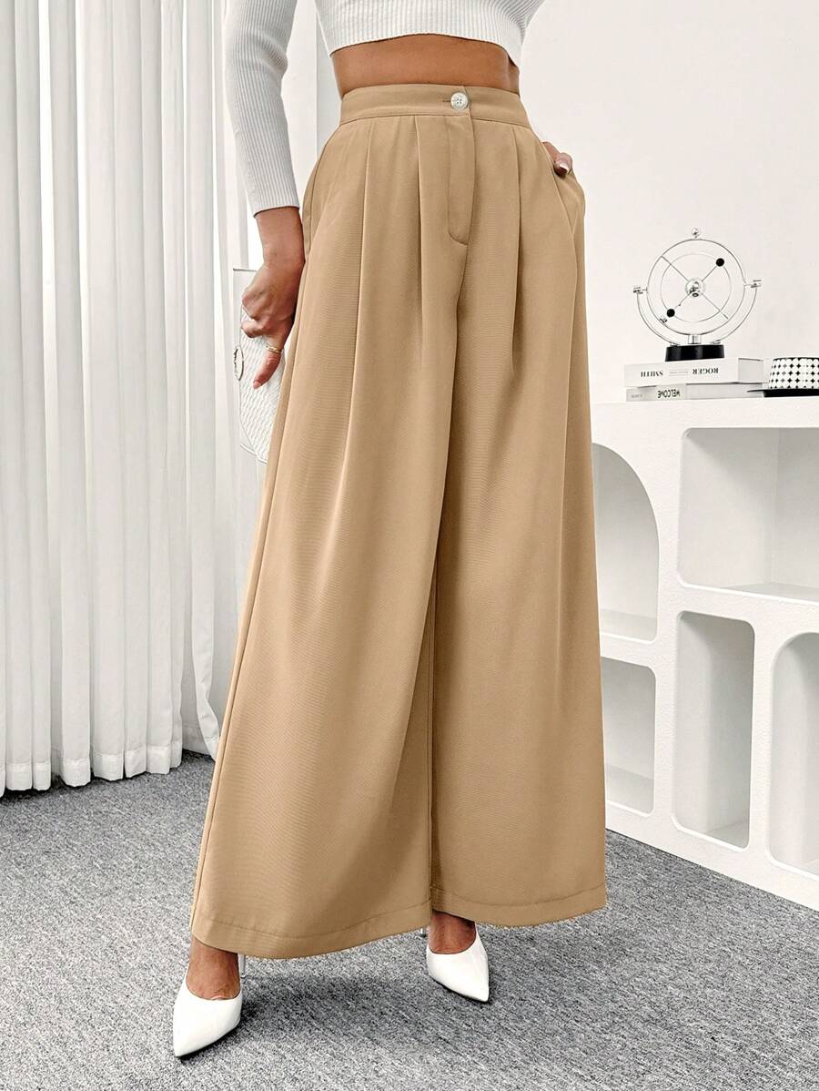 SHEIN Clasi 女士带口袋褶皱宽松裤,日常穿着 - 卡其色 - 查看 1