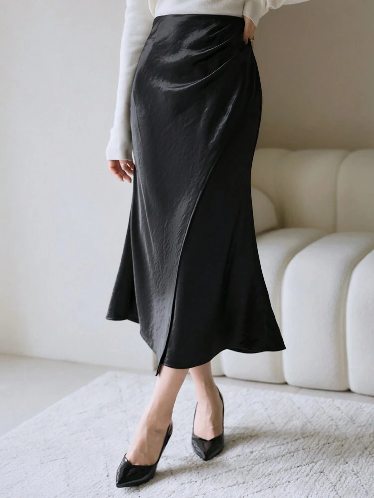Solid Color Midi Length Wrapped Bodycon Skirt For Women,Fall
