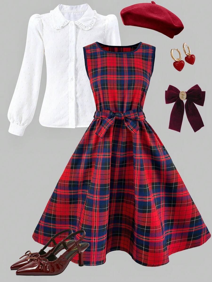 Conjunto de 2 piezas de ropa para adolescentes con vestido jumper de cuadros escoceses y camisa, estilo académico, para Navidad - Rojo - Ver 1