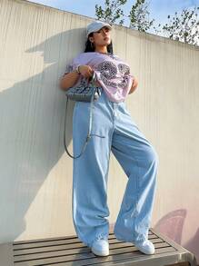 SHEIN ICON Quần Jeans Ống Rộng Thêu Bướm Giặt Nước Size Lớn Thường Ngày - Rửa nhẹ - Xem 4