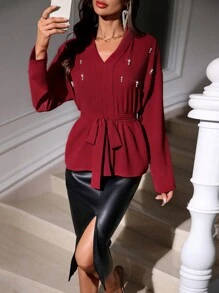 SHEIN Clasi Women's Elegant Pearl Embellished Tie Waist Long Sleeve Bell Cuff Blouse, Autumn/Winter For New Year Clothes Fall Cloth For Women