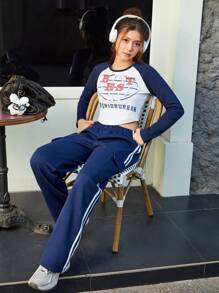 SHEIN Teen Girl Printed Color Block Outfit, Retro American Streetwear Crop Top Paired With Wide-Leg Cargo Pants, Fashionable Personalized And Youthful Vigor, Spring/Autumn - Multicolor - View 3