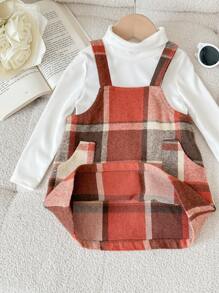 SHEIN LMoss Kids LMoss Babygirl Autumn/Winter Plaid Pinafore Dress + Knit Elastic Underlayer Set - Brown - View 4