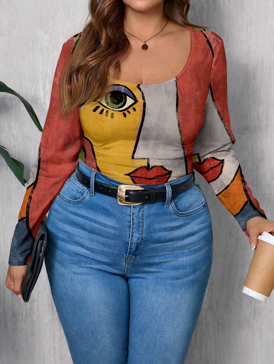 SHEIN LUNE 大码女式休闲简约全印花紧身 T 恤 - 彩色 - 查看 1