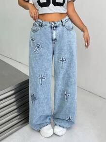 SHEIN EZwear Jeans en denim bleu à jambe droite ample et décontractée grande taille