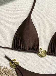 Damen einfarbiger modischer und sexy Bikini-Set für den Sommer - Braun - Übersicht 3