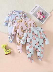 3pcs/Set Newborn Baby Casual Cartoon Animal Pattern Rib Long Sleeve Romper Jumpsuit Home Set