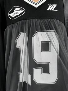 FRIFUL Women's Number & Letter Print Mesh Contrast T-Shirt With Sporty Vibe,Fall Clothes - Black - View 6