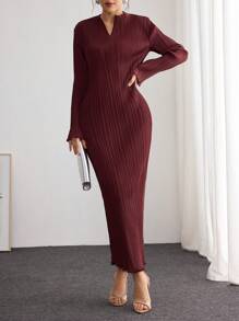 Modelyn Damen plissiertes langärmliges schlankes A-Linien-Kleid in Burgunderrot, Damen-Outfit für lange Abendkleider