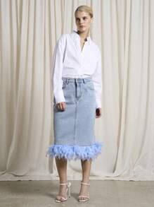 AiiRZ Midi-länge Denim Rock mit Federverzierung, hochgeschnittener Lässig Fashion Statement Rock, A-Linie, für Party, Club, Anlässe, Abendfeier, Festival, Midi-Rock - Blau - Übersicht 5