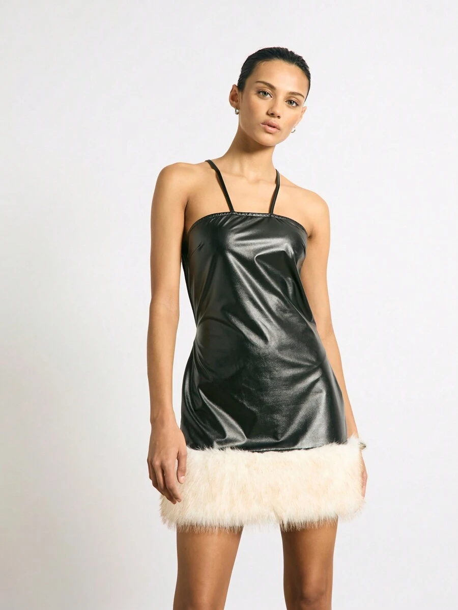 AiiRZ 仿皮吊带毛边下摆迷你连衣裙