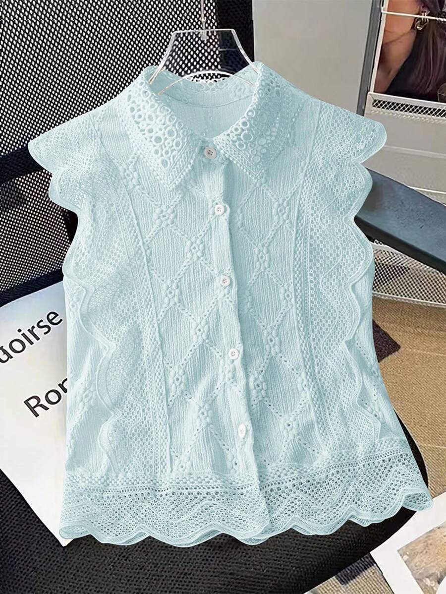 Chiquease Women's Minimalist Solid Color Shell Trim Sleeveless Lace Patchwork Elegant Work Shirt Blouse