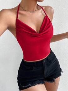 Chiquease Top halter sin espalda con cuello drapeado de unicolor y sexy para ropa de Año Nuevo - Rojo - Ver 3