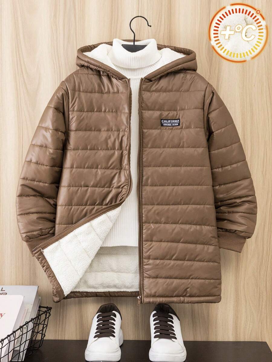 SHEIN Leap Crew Tween Boy Casual Composite Thermal Lined Thick & Super Warm Hooded Cardigan Parka Coat, Suitable For School, Garden, Beach, Birthday, Spring, Summer, Autumn, Winter - Brown - View 1