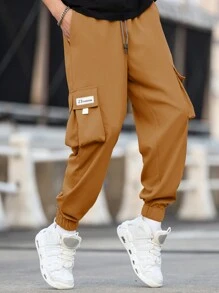 Manfinity Hypemode Loose Fit Men Plus Size Letter Patched Flap Pocket Side Drawstring Waist Cargo Pants, Fall - Khaki - View 5