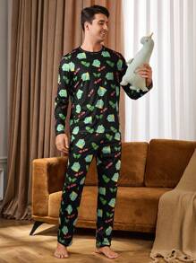 Full Print Crew Neck Long Sleeve Top And Long Pants Pajama Set - Olive Green - View 7