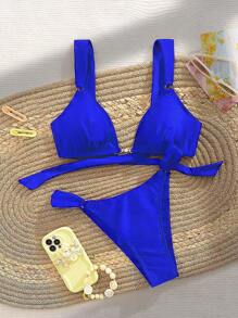 Women's Solid Color Ruched Sexy Bikini Set For Beach Holiday Summer - Royal Blue - View 5