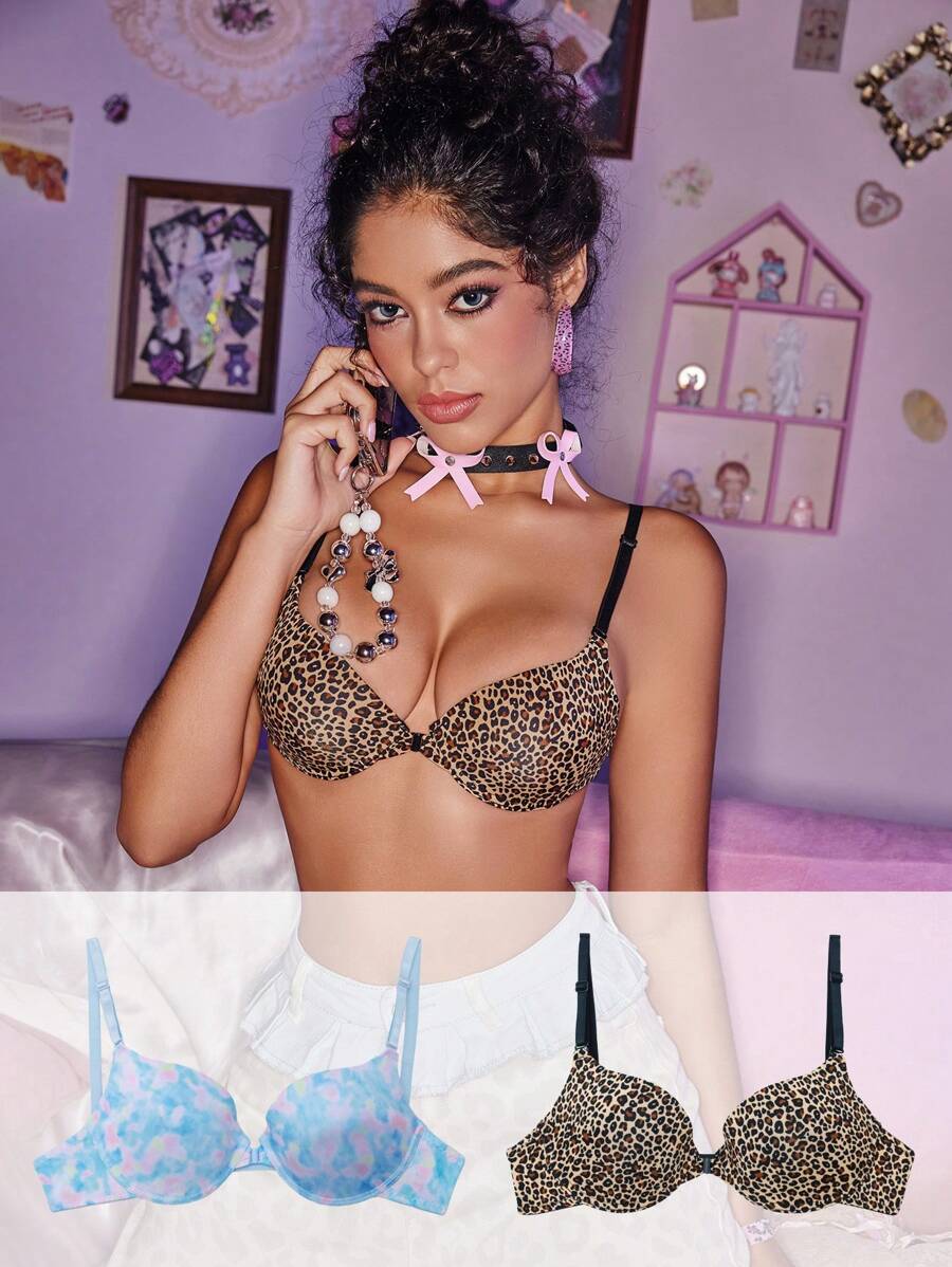 Women's Casual Leopard Print Bra Set Backless Slight Stretch Fabric - Multicolor - View 1
