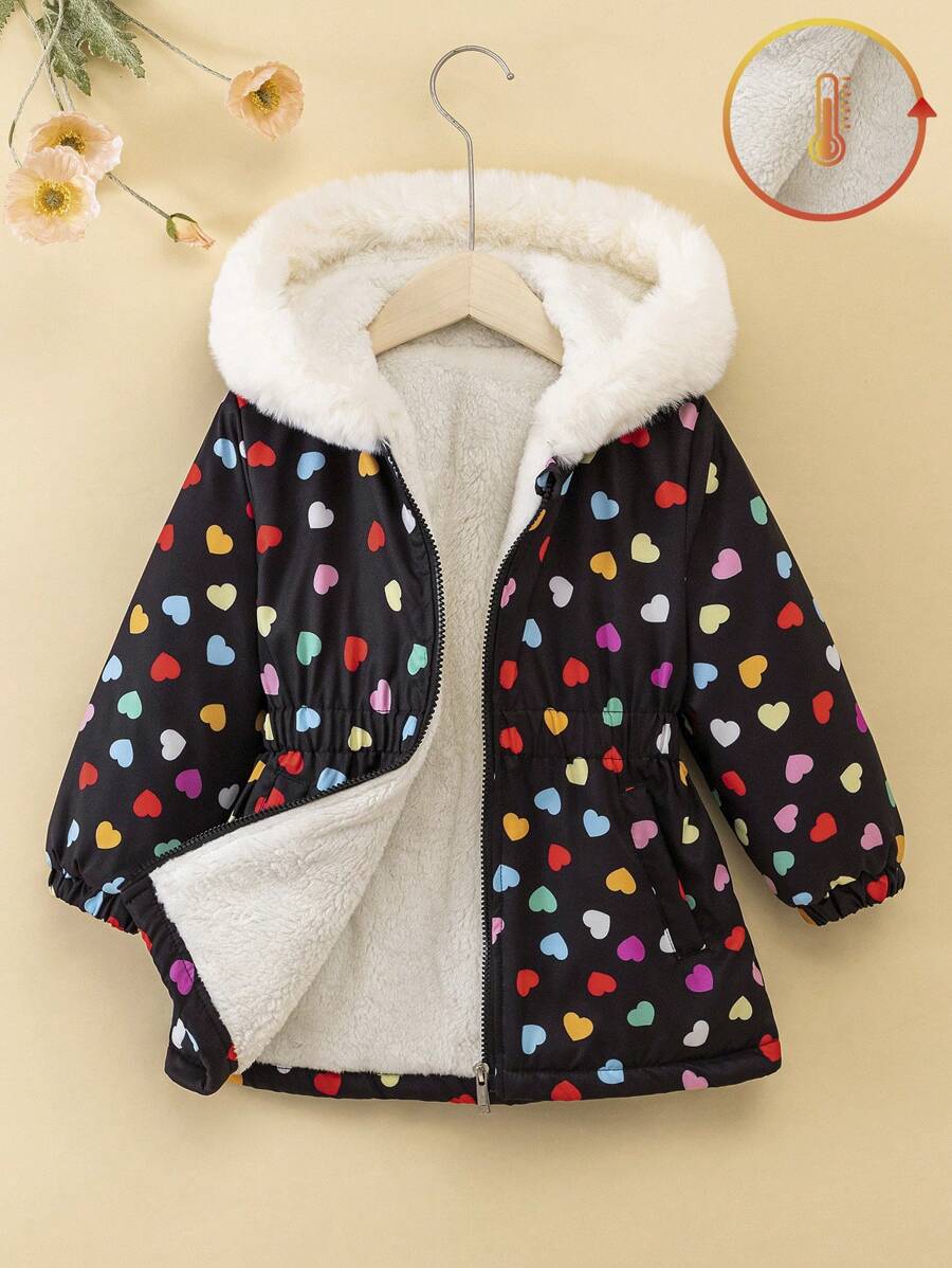 SHEIN Young Girl Winter Warm Thermal Lined Hooded Jacket With Waist Belt, Digital Heart Print, Windproof Outerwear For 4-7 Years Old - Multicolor - View 1