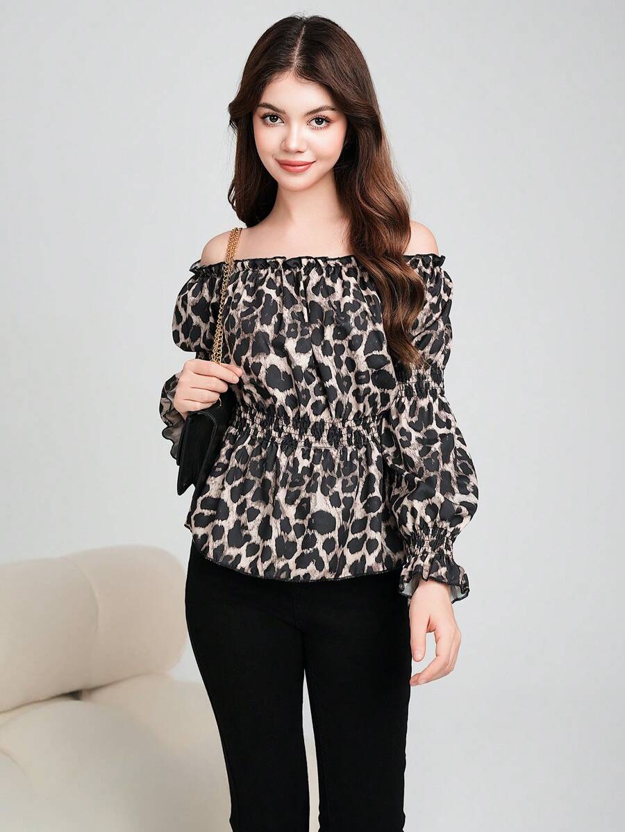 Teen Girls Casual Off Shoulder Leopard Print Blouse, Versatile Design - Multicolor - View 1
