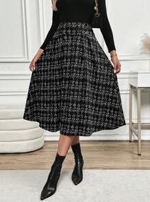 Editum 女式格子 A 字裙，仿高腰，适合优雅通勤和休闲穿着，秋冬季 - 黑與白 - 查看 5