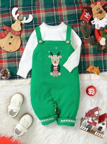 Ropa de Navidad linda para bebé niño: Peto con suéter, Peto con jacquard de reno adorable y elegante, Atuendo para uso diario y festivo - Verde - Ver 1