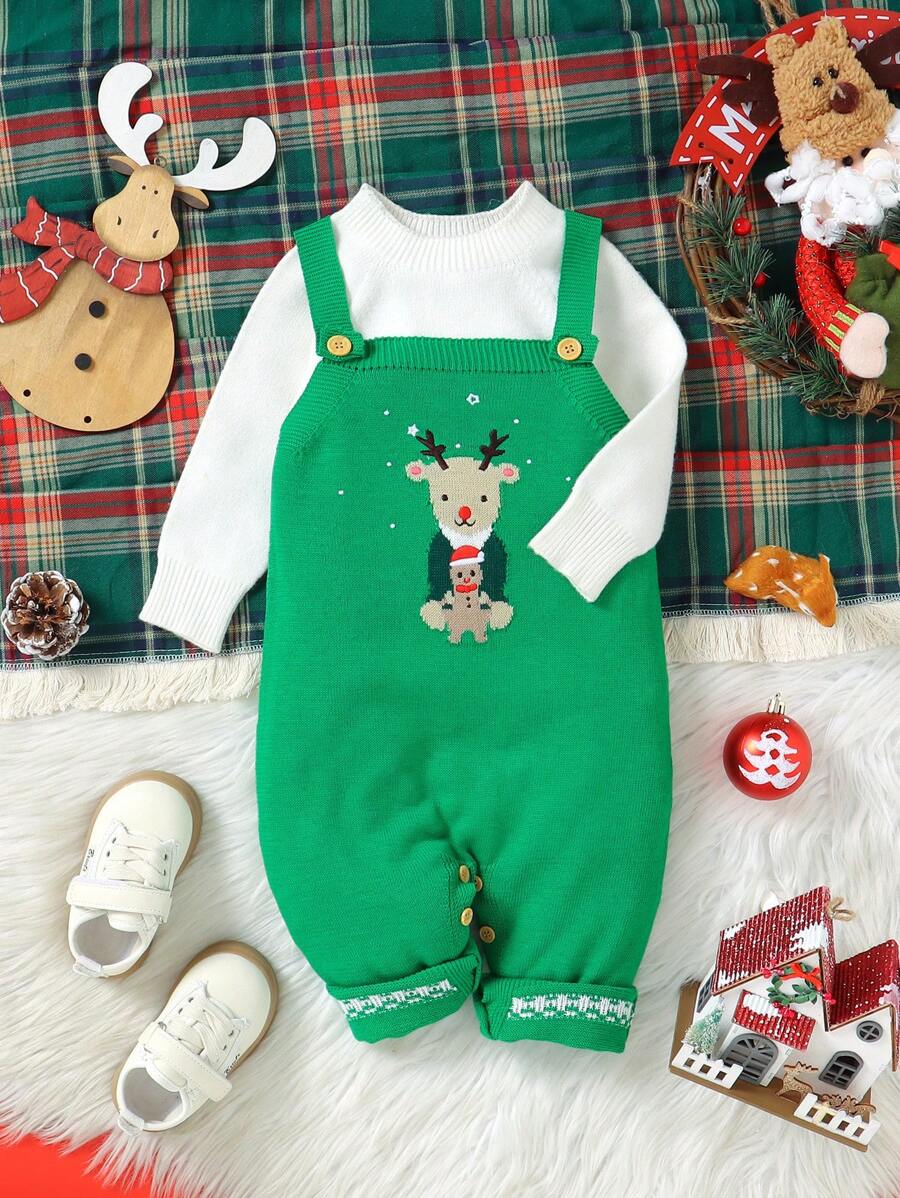 Ropa de Navidad linda para bebé niño: Peto con suéter, Peto con jacquard de reno adorable y elegante, Atuendo para uso diario y festivo - Verde - Ver 1