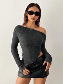 SHEIN PETITE Women's Two-Piece Brushed Knitted Off-The-Shoulder Asymmetric Hem T-Shirt Set, Black + Gray, Suitable For Autumn And Winter