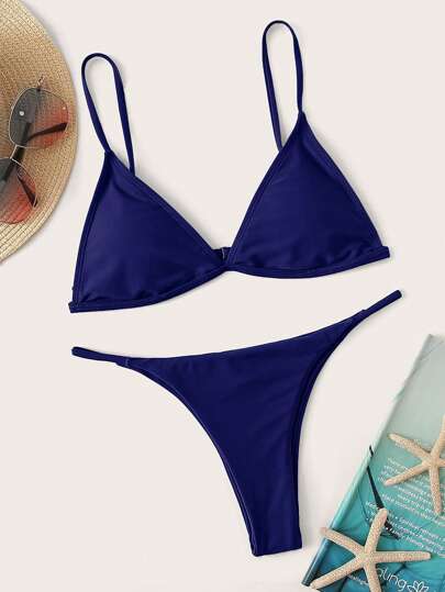 SHEIN Swim Bộ đồ bơi bikini hai mảnh cạp thấp màu trơn có cúp tam giác, thích hợp cho kỳ nghỉ và bãi biển mùa hè