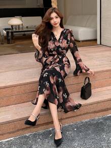 DAZY V-Neck Floral Print Ruffle Hem Midi Dress For Women,Fall Dress - Pink - View 6