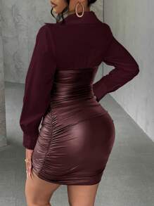 Slaydiva Vestido mini de mujer 2 en 1 de camisa de parchwork de PU de alta gama estilo calle sexy