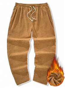 Manfinity Homme Quần vải nhung kẻ trơn màu rộng rãi cho nam có dây rút ở eo - Màu Khaki - Xem 3